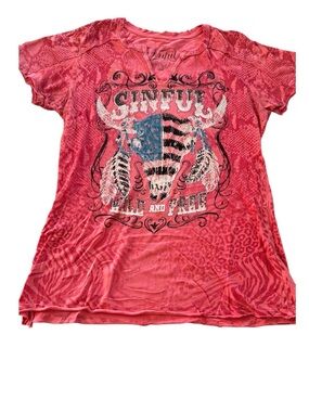 NWOT Sinful Affliction Pink Graphic Skull Tee Rhinestones Stonewashed SZ L